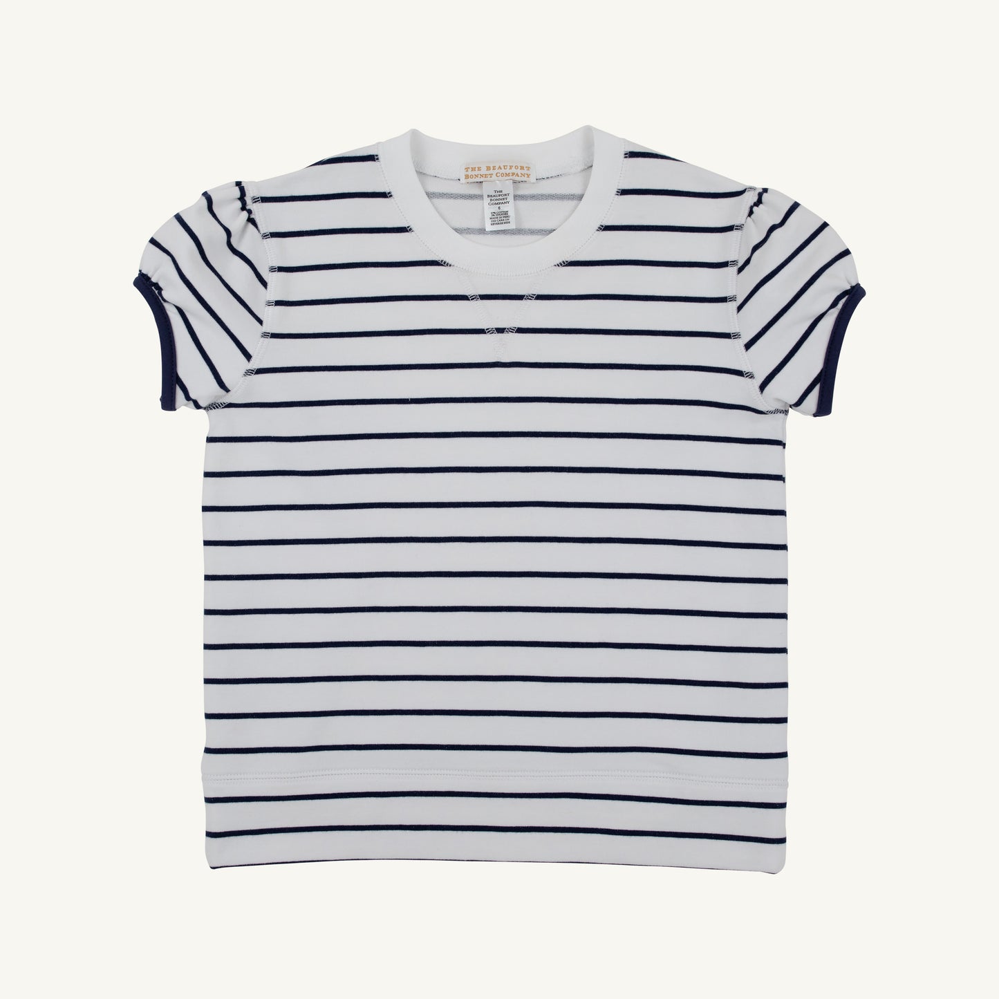 Cassidy Comfy Crewneck- Short Puff Sleeve- Navy Stripe