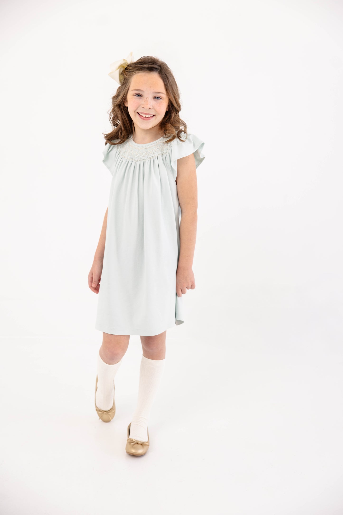 Angel Sleeve Sandy Smocked Dress- Old Greenwich Green