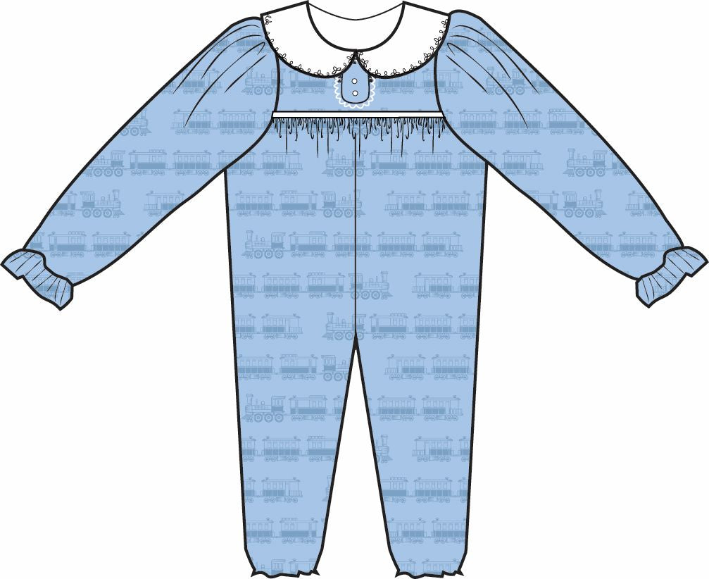 Long Sleeve Mary Dal Romper- Trains