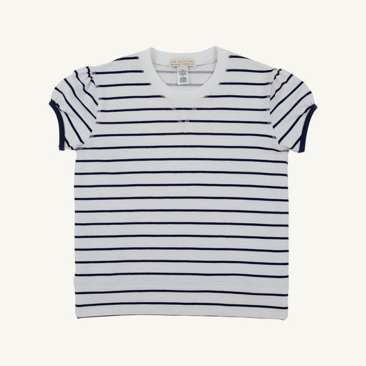 Cassidy Comfy Crewneck- Short Puff Sleeve- Navy Stripe